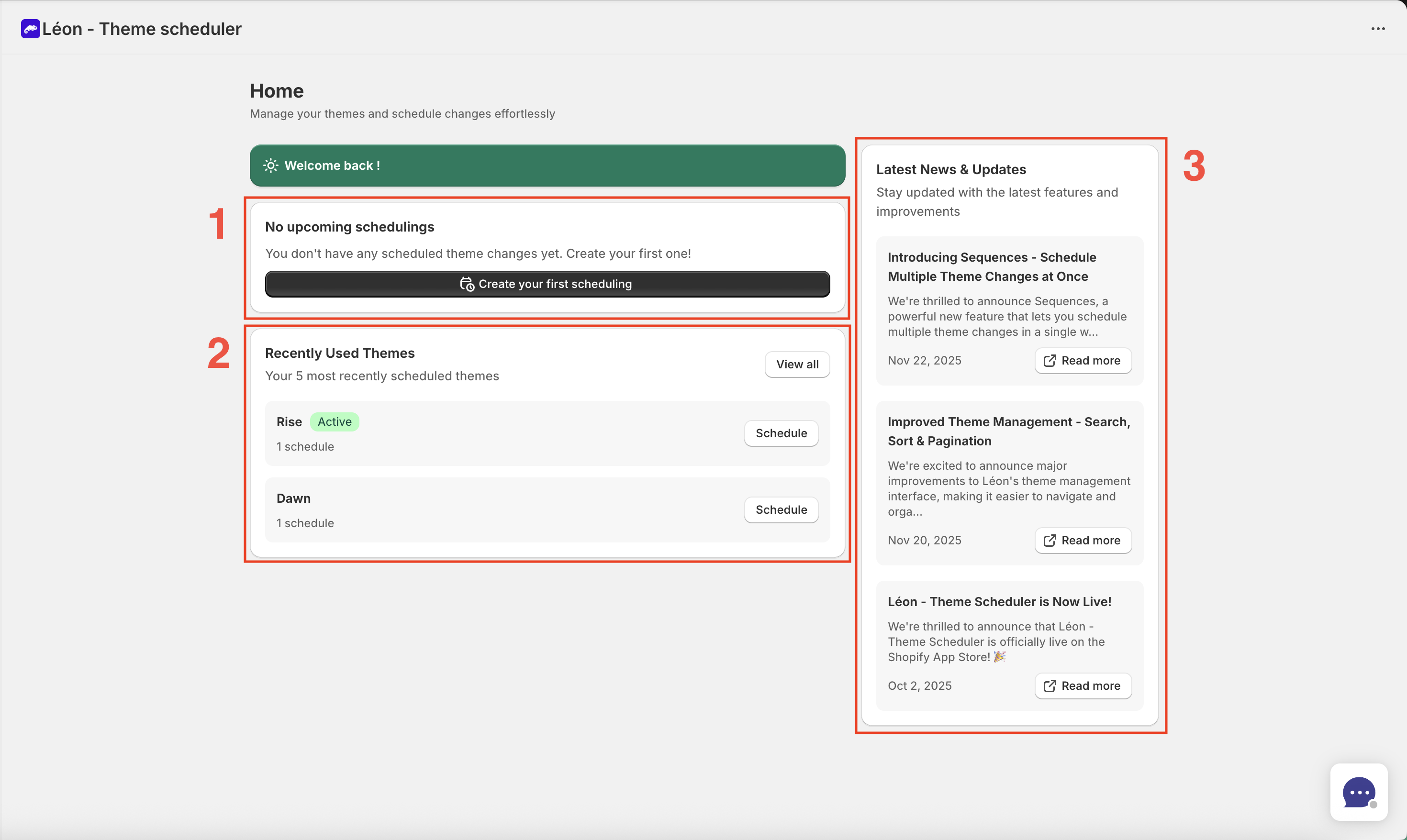 Leon theme dashboard sectionned